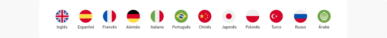 Imagem ilustrando em sequência a bandeira do país de todos os doze idiomas disponíveis no plano de estudo do Claro idiomas by Busuu.