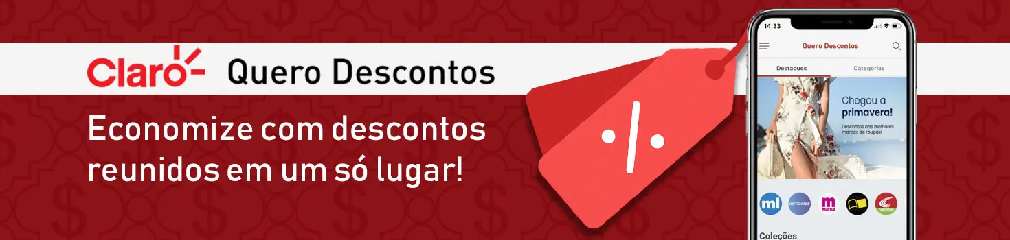 Imagem de um celular com o aplicativo Quero Descontos na tela e algumas etiquetas ilustrativas penduradas no aparelho. A mensagem Claro Quero Descontos - Economize com descontos reunidos em um só lugar a esquerda.