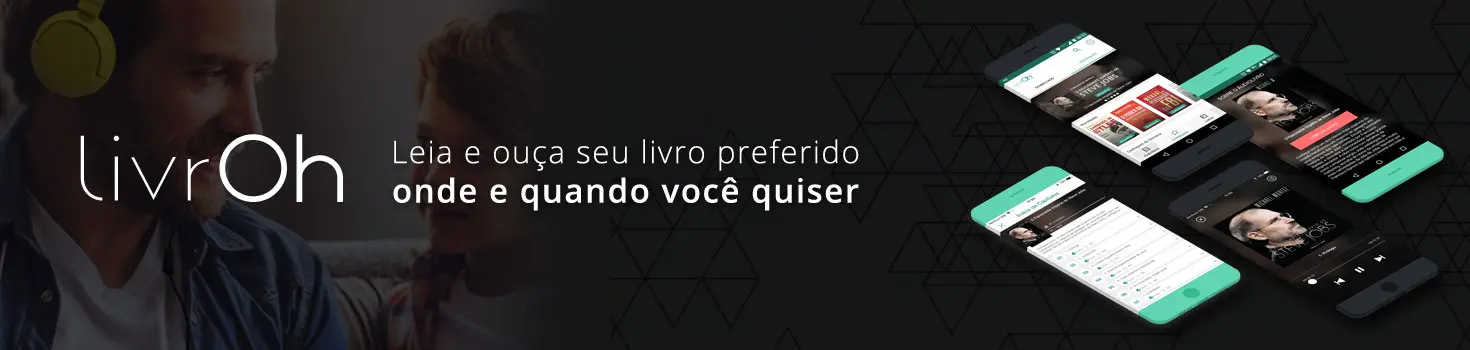 Imagem ilustrativos de celulares com as telas do Livroh. No fundo da imagem, pai e filha sorriem um para o outro.