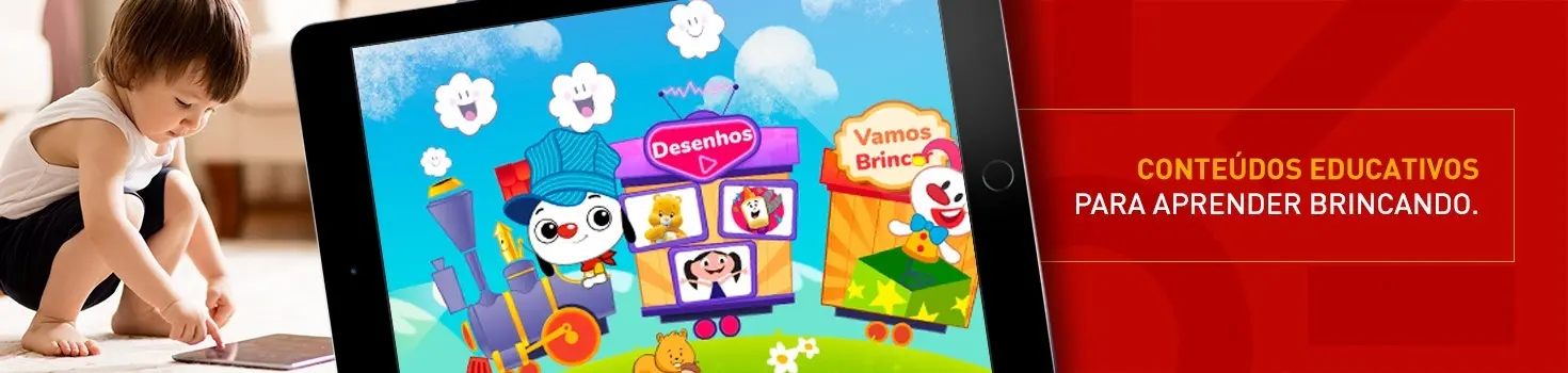 Imagem de uma criança brincando num tablet. A tela do tablet está em destaque com imagem do Playkids.