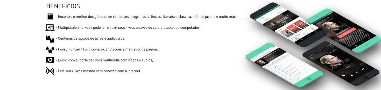Imagens ilustrativas de quatro celulares e a relação de benefícios do Livroh.