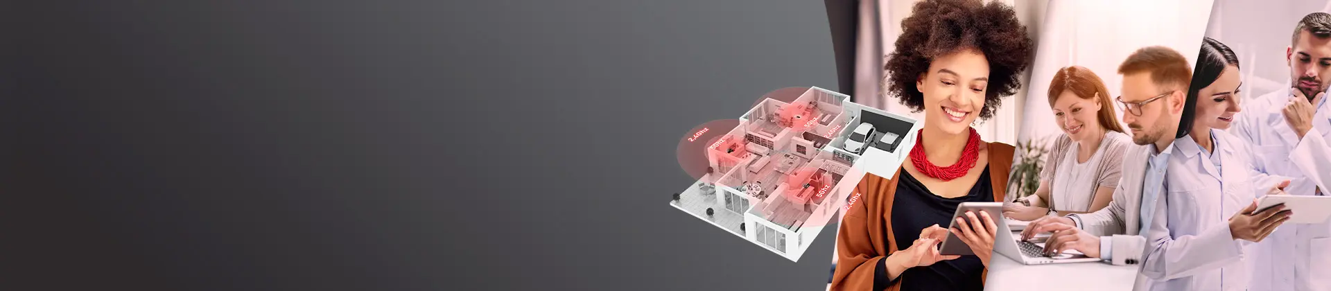 Imagem de pessoas usando dispositivos conectados a uma rede Wi-Fi.