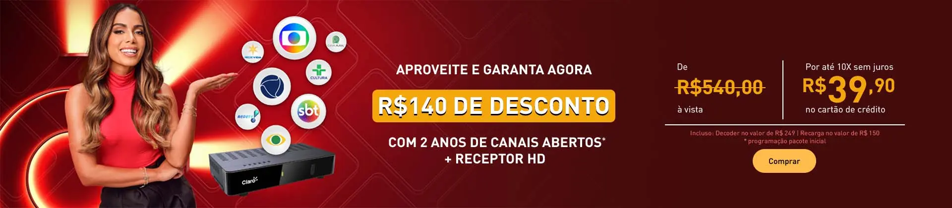 Imagem Banner Claro tv pré-pago Oferta 2 anos de conteúdo com a Annita e logos dos canais
