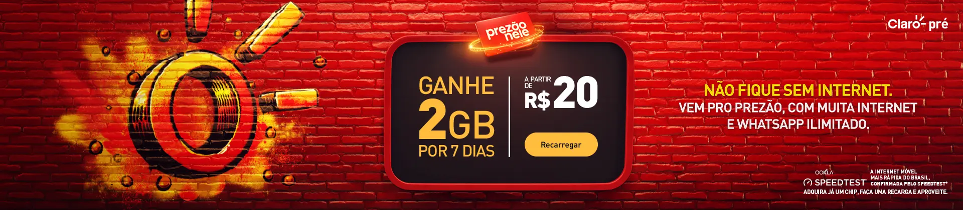 Com Prezão você tem Whatsapp ilimitado com ligações e videochamadas sem descontar da internet. Até 12GB (6GB + 6GB por 6 meses) + Whatsapp e Descomplica ilimitados, por 30 dias.