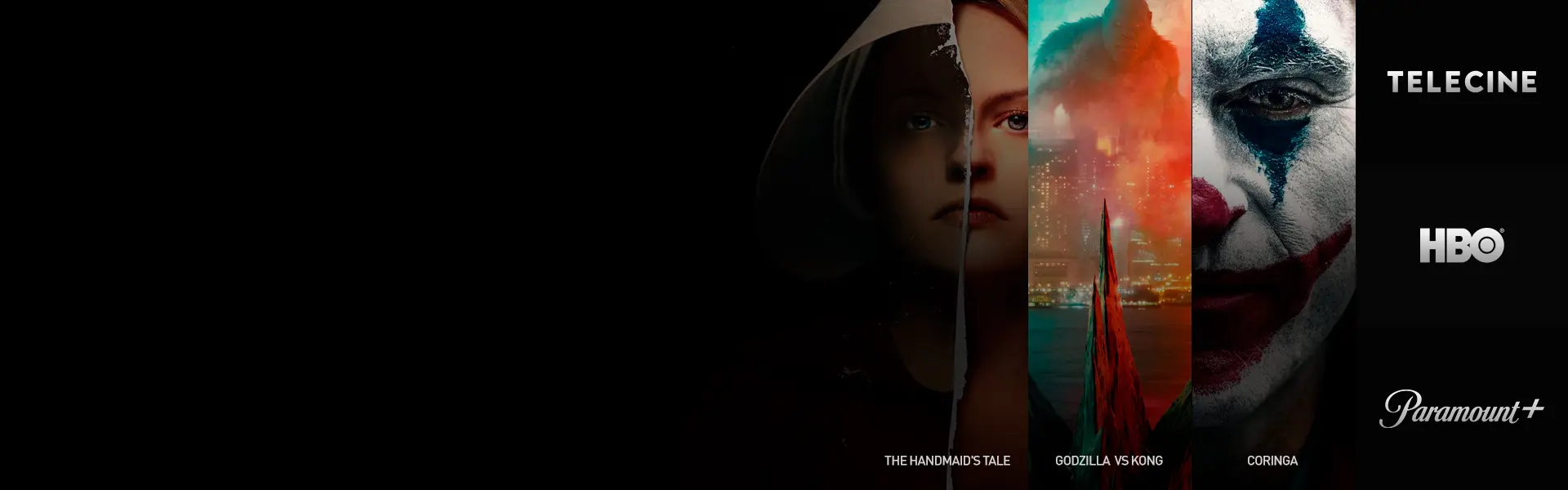 imagem com fundo predo com os cartazes da série The Handsmaid's Tale e do filme Coringa