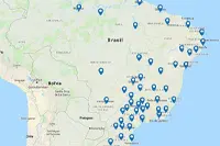 Imagem de um mapa do Brasil sinalizando as cidades que receberam o recurso Replay TV.