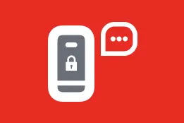 Imagem gráfica com fundo vermelho e ícone de celular em braco. Na tela do celular ha um cadeado fechado. Do lado direito do celular há um balão com reticências indicando que uma mensagem está sendo enviada.