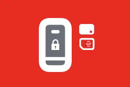 Imagem gráfica com fundo vermelho e ícone de celular em branco. Na tela do celular há um cadeado fechado. Do lado direito do celular há dois chips: um indicando o chip antigo e o outro indicando o Claro chip.
