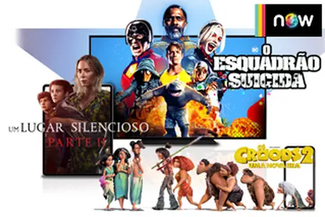 Imagem de TV, tablet, notebook e smartphone com programações, O Esquadrão Suicida, Um Lugar Silencioso 2 e Os Croods 2: Uma Nova Era