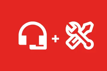 logo de um fone e uma ferramenta em branco aplicado em fundo vermelho