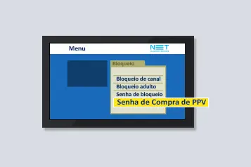 Imagem do menu da TV destacando a opção "Senha de compra de PPV".