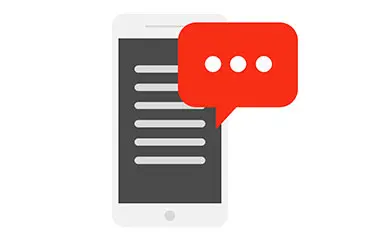 Ilustração de um celular branco e uma caixa de texto em destaque.