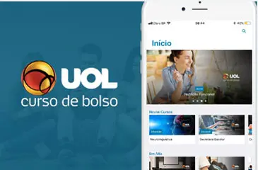 Imagem de um celular com a tela do Uol Curso de Bolso;