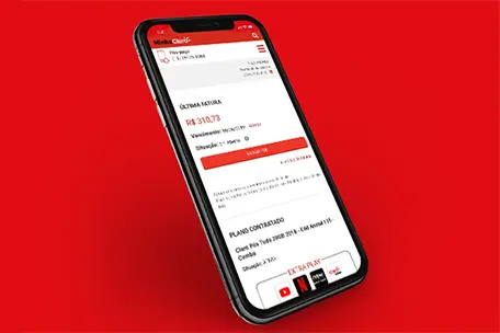 imagem: fundo vermelho e um celular com a tela do aplicativo Minha Claro.