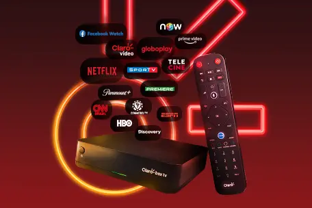 Imagem do aparelho Claro tv box com os canais telecine, netflix, hbo e muitos outros.