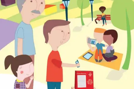 Imagem ilustrativa de um pai com os dois filhos fazendo o descarte do lixo eletrônico na urna.