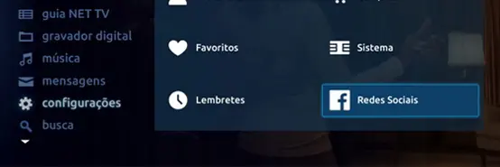 Imagem da opção Redes Sociais na TV - Passo 1 para compartilhamento