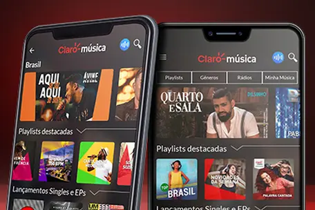 Imagem de dois Smartphones na tela do aplicativo Claro música
