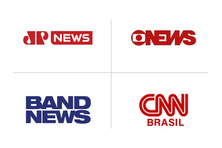 Logotipos dos canais de notícias: Jovem Pan News, Globo News, Band News e CNN Brasil