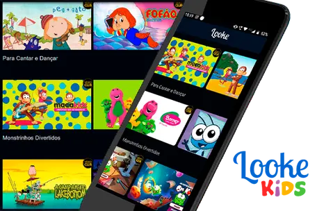 Fotografia. Celular em primeiro plano mostra na tela capas de desenhos. Ao fundo, mosaico com capas de filmes infantis.
