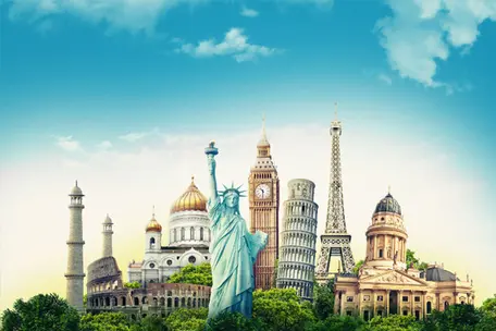 imagem com principais pontos turísticos do mundo, sendo estátua da liberdade, torre eiffel, big ban e coliseu