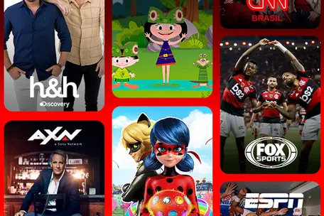 Imagem com diversos conteúdos dos canais disponiveis no plano Top Streaming, como Fox Sports, CNN Brasil, Gloob e outros